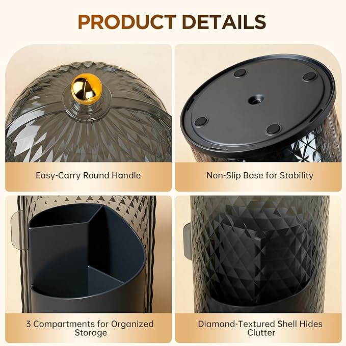 3 Slots Toothbrush Holders with Lid, Rotating Concealed Tooth Brush Holders for Bathroom, Countertop Toothbrush Holder with Cover, Toothpaste Holder for Bathrooms, Makeup Brush Holder(Black)