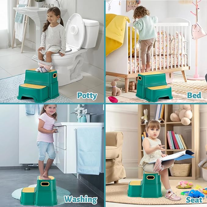 WELSPO 2 Step Stool for Kids, Toddler Step Stool for Bathroom, Kitchen, Bedroom, Living Room, Non-Slip Toddlers Toilet Potty Stool with Handles Baby Child Kid Plastic Poop Stools(Yellow Green)