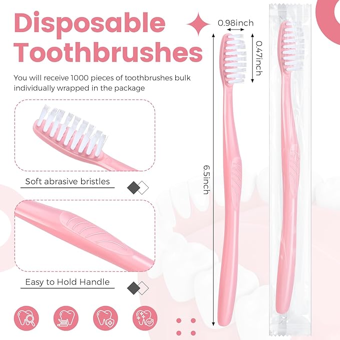 Tessco 1000 Pcs Disposable Toothbrushes Bulk Individually Wrapped Manual Soft Bristle Travel Toothbrushes Single Use Toothbrush for Homeless Hotel Toiletries Camping Office(Pink)