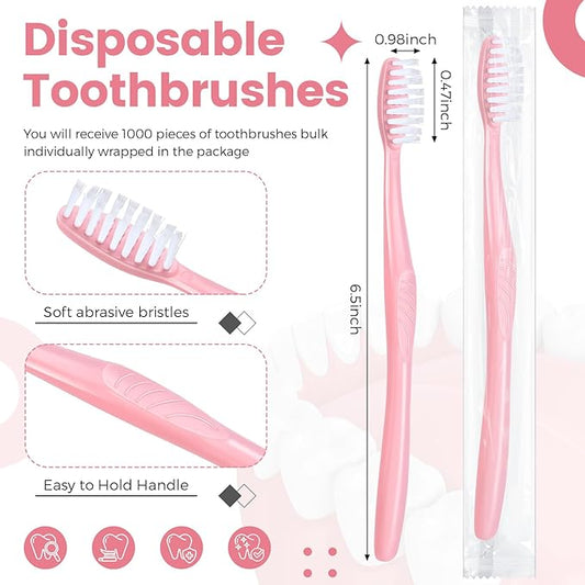 Tessco 1000 Pcs Disposable Toothbrushes Bulk Individually Wrapped Manual Soft Bristle Travel Toothbrushes Single Use Toothbrush for Homeless Hotel Toiletries Camping Office(Pink)