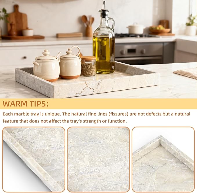 Yew & Tulip Natural Marble Vanity Tray, Luxury Stone with Beige Textures Serving Tray for Bathroom, Kitchen, Vanity, Home Decor, Wedding etc. (12" x 8" x 1.2")