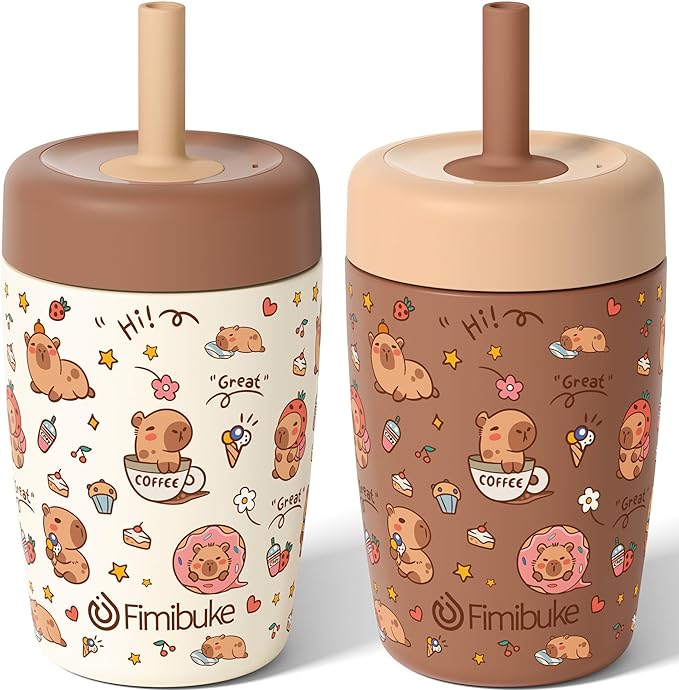 Fimibuke Kids & Toddler Cups Spill Proof, 12 OZ Capybara Insulated Sippy Cups for Toddlers Boys Girls, Toddler Straw Tumbler, Stainless Steel Kids Water Bottle with Twist Lids & Silicone Straw, 2 Pack