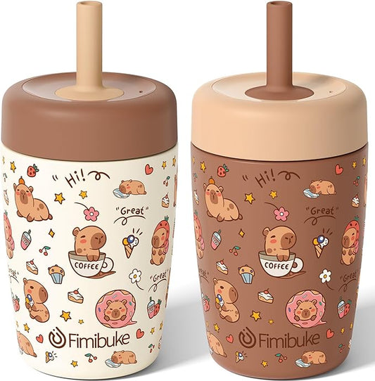 Fimibuke Kids & Toddler Cups Spill Proof, 12 OZ Capybara Insulated Sippy Cups for Toddlers Boys Girls, Toddler Straw Tumbler, Stainless Steel Kids Water Bottle with Twist Lids & Silicone Straw, 2 Pack