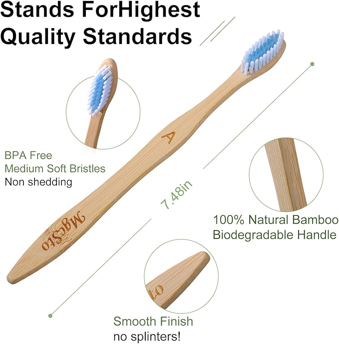 Bamboo Toothbrushes 10 Count - BPA Free Medium Bristles, Compostable Natural Wooden Toothbrushes, Without Plastic, Eco-Conscious Packaging for Adults (White and Blue, Moderate Length)