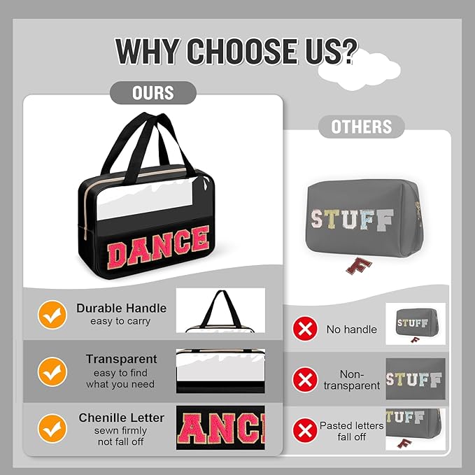 Dance Bag for Girls Chenille Letter Clear Makeup DANCE Stuff Bag,Toddler Dance Recital Gifts Ballet Cosmetic Zipper with Handle,Dance Competition Must Haves Accessories Toiletry Storage(DANCE-Black)