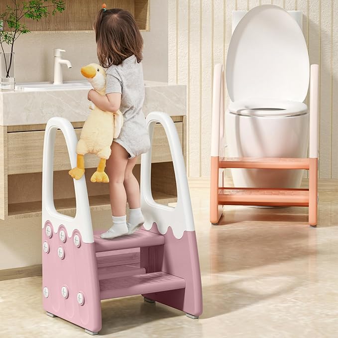Two Step Stool with Handrails for Toddler and Kids, Standing Learning Stool Tower for Bathroom Sink, Potty Training, Children Step Up Learning Helper with Handles (Pink-White)