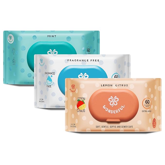 WONDERFUL Flushable Butt Wipes, Variety 100% Plant-Based Wet Wipes for Adults & Kids; Sewer, Septic Safe; Gentle for Sensitive Skin, Wipes Flushable Pack for Bathroom & Travel, 3-Pack (180 Count)