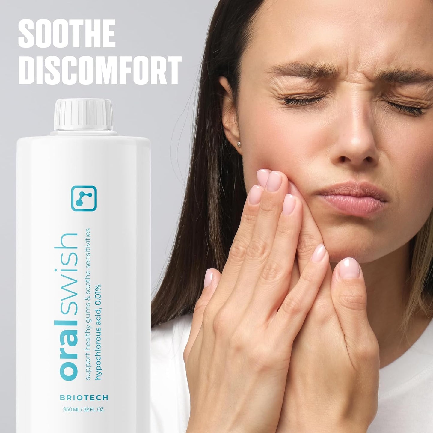 BRIOTECH Oral Swish, Hypochlorous Acid Mouthwash Rinse, Gentle Oral Care Hygiene, Fight Bad Breath, Support Against Plaque, Gum Irritation & Tender Gums, Alcohol & Fluoride Free, 32 fl oz