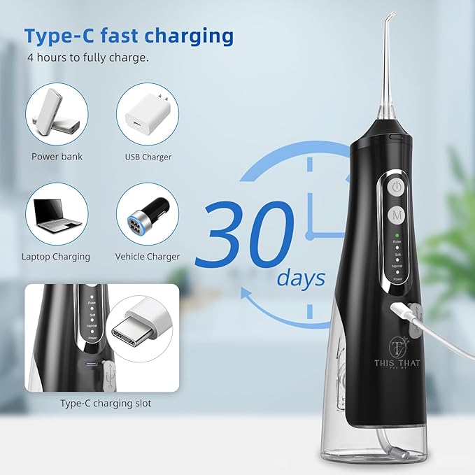 TTFM Electric Dental Water Flosser for Teeth Gums Braces, Dental Portable Oral Flosser, 4 Pressure Modes, 310ml Tank Capacity, Rechargeable IPX7 Waterproof Teeth Cleaner, Home Travel Waterflosser