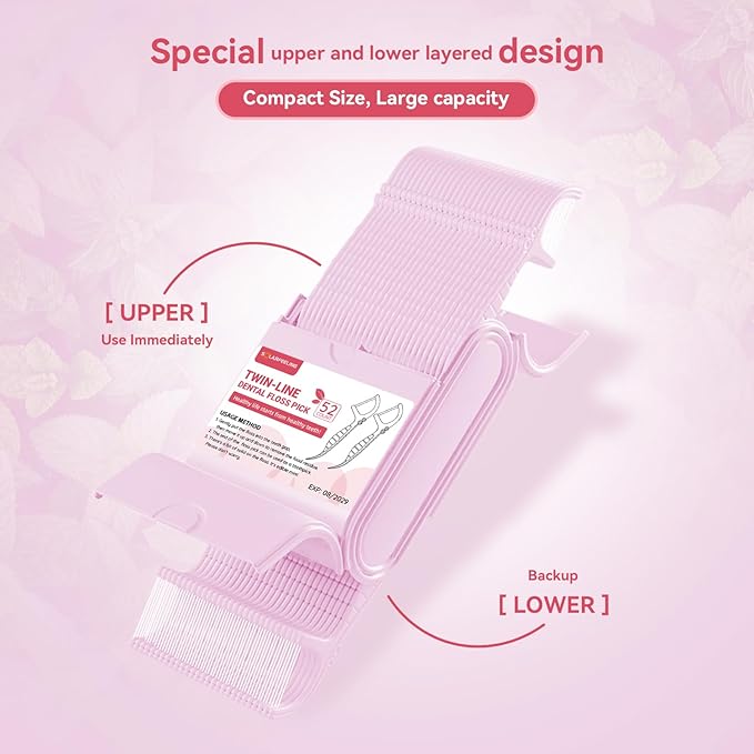 Travel Dental Floss Picks, 3 Cases with 156 Count Mint Flavor Twin-Line Dental Flosser, Portable Floss Case, Portable Floss Dispenser, Travel Floss Sticks for Adults (Pink)