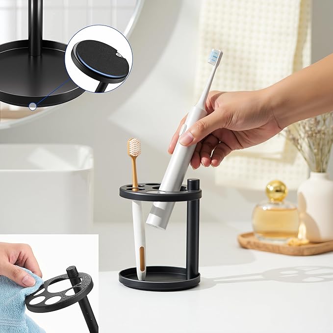 Toothbrush Holders – Stainless Steel Bathroom Toothbrush Holder Stand,Ventilated Organizer with Slots for Electric Toothbrushes,Toothpaste,Razors,and Combs (Black)