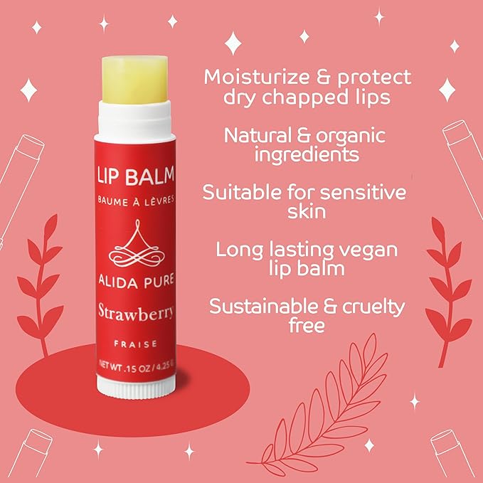 ALIDA PURE Strawberry Lip Balm Collection, Vegan, Lip Balm, Beeswax Free, with Avocado Oil, Organic Jojoba Oil, and Vitamin E, Natural Moisturizer for Dry, Chapped Lips, 3 Tube Set