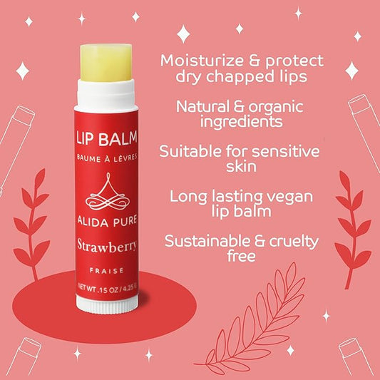 ALIDA PURE Strawberry Lip Balm Collection, Vegan, Lip Balm, Beeswax Free, with Avocado Oil, Organic Jojoba Oil, and Vitamin E, Natural Moisturizer for Dry, Chapped Lips, 3 Tube Set