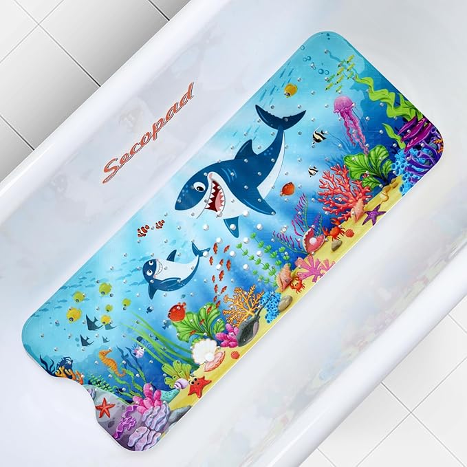 Bath Mat for Tub Non Slip, Machine Washable Anti-Slip Cartoon Baby Bathtub Shower Mat with Drain Holes and Suction Cups for Toddler & Kids, 40in x 16in, Sharks