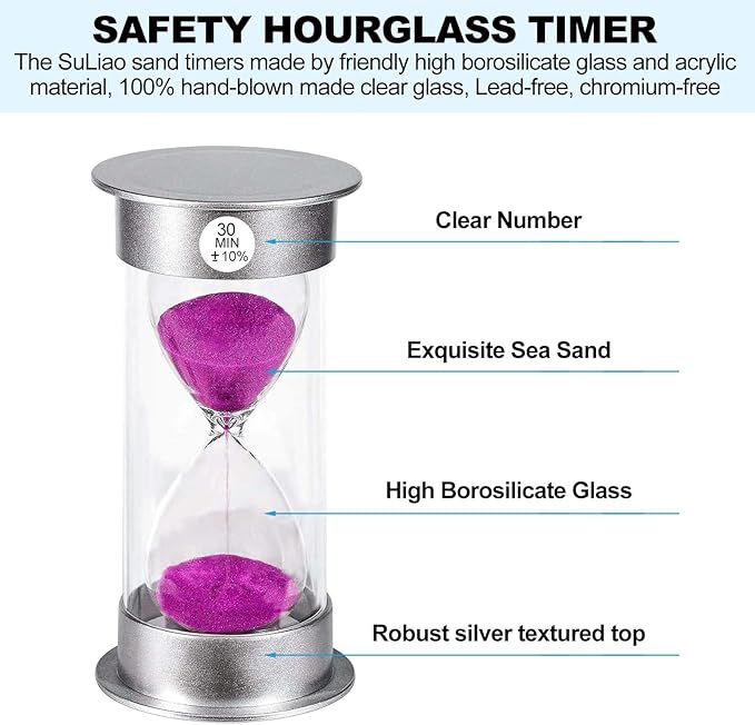SuLiao Sand Timer, 30 Min Hourglass, Large Purple Sand Clock, Unbreakable Plastic for Kids, Games, Classroom, Kitchen, Decoration