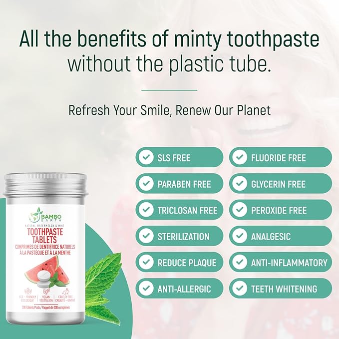 200 Pack Natural Toothpaste Tablet Bits - Chewable Mouthwash Whitening Burts Bees Bite Tablets for Teeth SLS & Fluoride Free Eco & Travel Friendly with Zero Waste Packaging - Mint & (Watermelon)