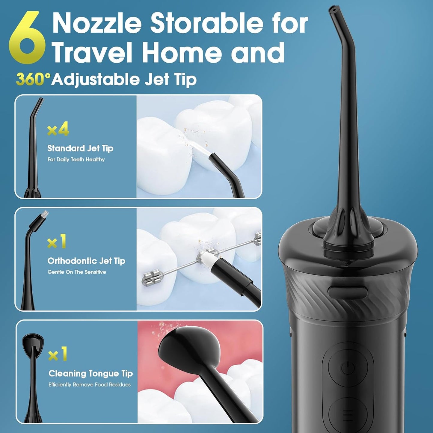 HANGSUN Water Flosser for Teeth - Portable Travel Cordless, 30 Days Battery, Deep Plaque Removal, 4 Adjustable Modes, 6 Nozzles for Sensitive Gums & Braces, IPX7, Telescopic 180ml Tank, Black
