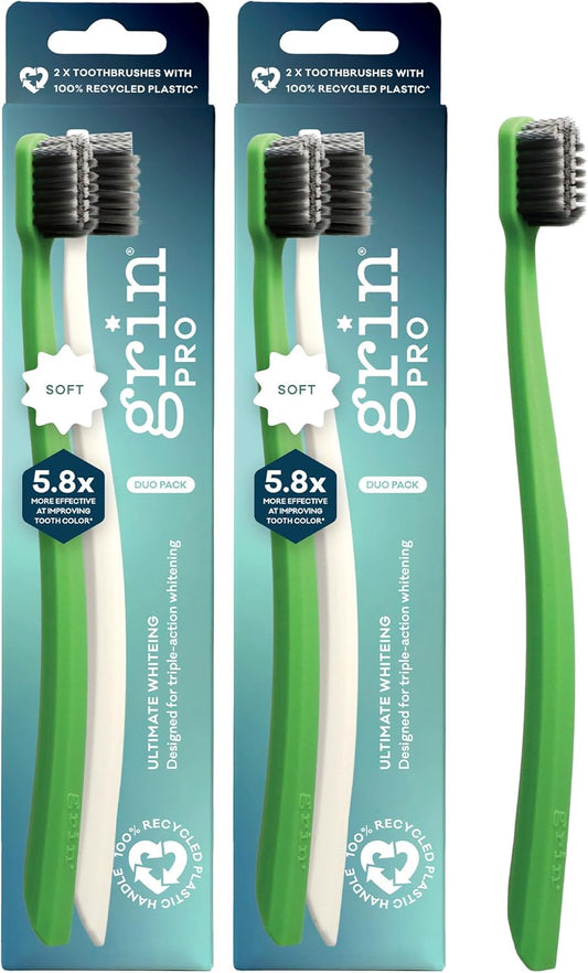 Grin Pro Ultimate Whitening Toothbrush, Soft, 2 Count (Pack of 2), Designed for Triple-Action Whitening, 100% Recycled Plastic Handle