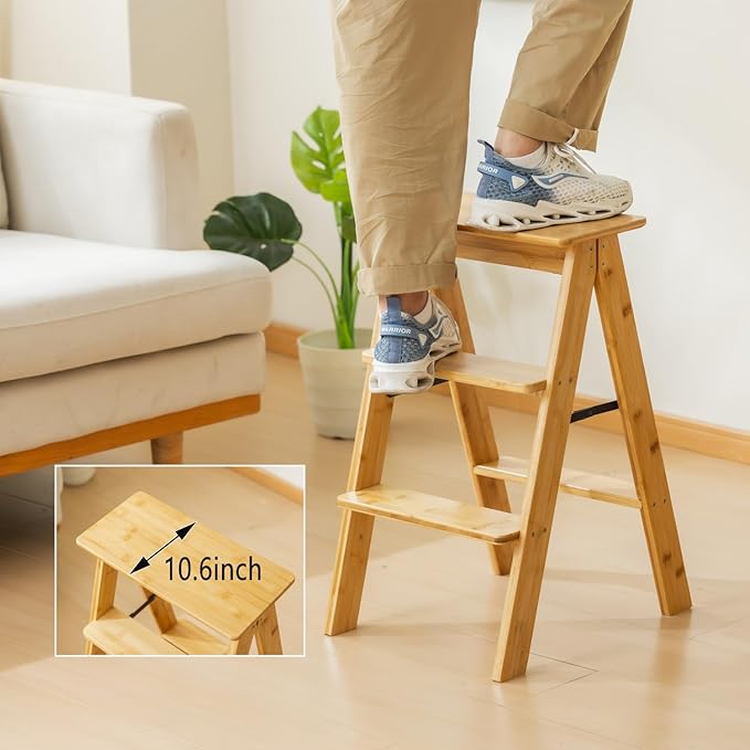 Latifolia Foldable 3 Step Ladder, Bamboo Step Stool with Floor Saver, Decorative Ladder Shelf for Living Room, Kitchen, Garden(Nature)