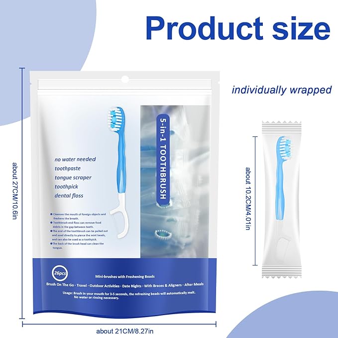 26 Pack Mini Disposable Toothbrushes with Toothpaste 5 in 1 Travel Portable Toothbrush Individually Wrapped with Toothpaste + Tongue Scraper + Picks+Floss Travel Case (Mix 4 Flavors, 26)