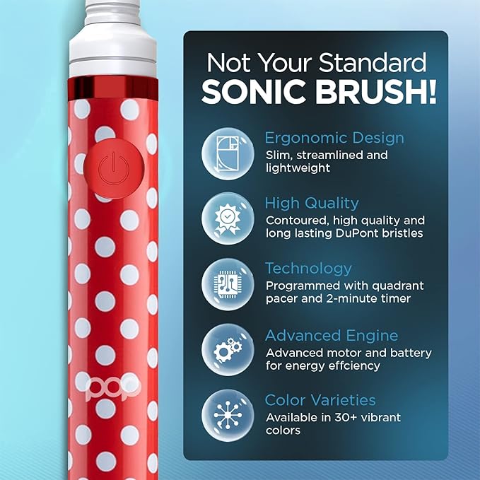 Pop Sonic Electric Toothbrush (Red Dots) - Travel Toothbrushes w/AAA Battery | Kids Electric Toothbrushes with 2 Speed & 15,000-30,000 Strokes/Minute, Dupont Nylon Bristles