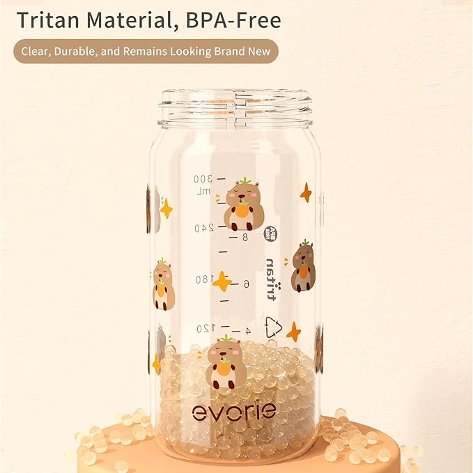 Evorie Tritan Spill Proof Toddler Straw Sippy Cup, 10 oz for Baby and Toddlers 1-3 Years Old, No Spill Straw Water Bottle with Removable Handles, Ideal for School, BPA-Free, Capybara (NEW)