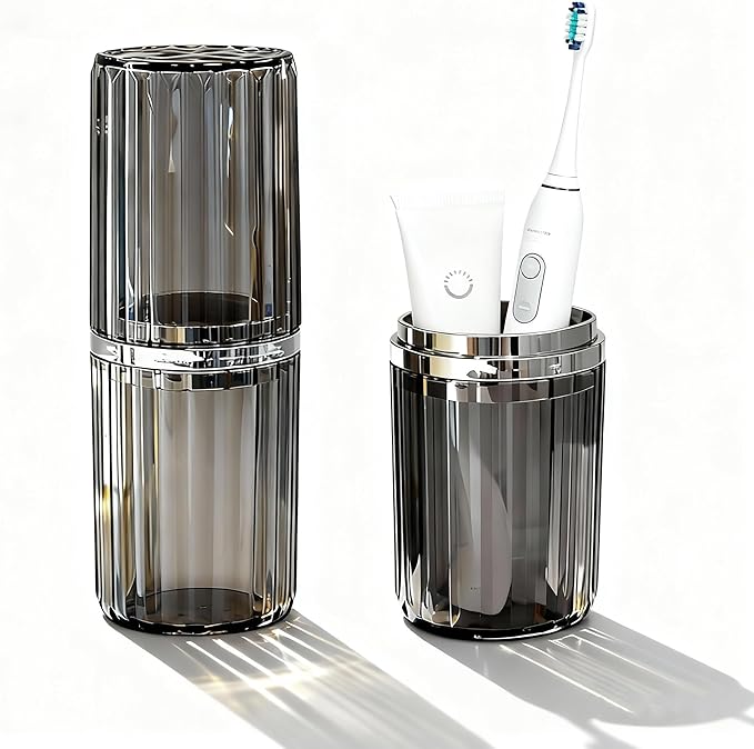 Toothbrush Travel Case, 2-in-1 Multifunction Dustproof Portable Toothbrush Cup & Toothpaste Storage Container, Toothbrush Case for Traveling Bathroom Camping Business Trip School (Grey)