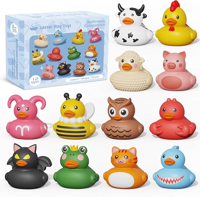 12PCS Rubber Ducks,Toddler Bath Toys,No Hole Bathtub Toys,Baby Pool Toys for 18 Months and Older