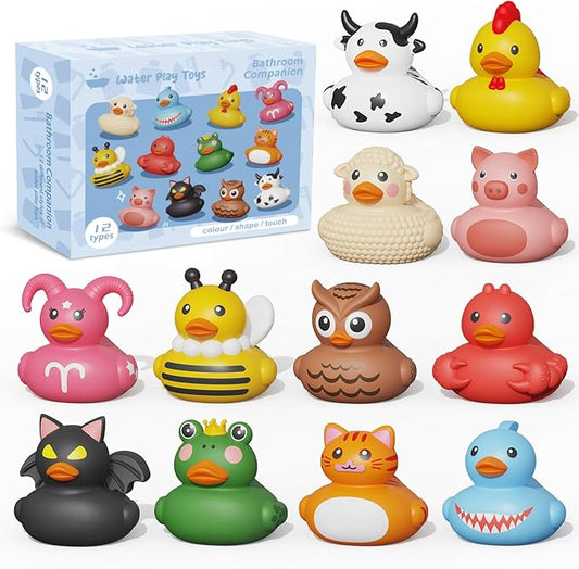 12PCS Rubber Ducks,Toddler Bath Toys,No Hole Bathtub Toys,Baby Pool Toys for 18 Months and Older