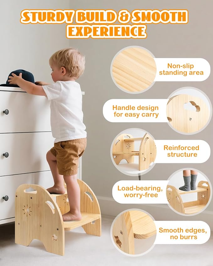 Wooden Toddler Step Stool for Kids - Non Slip 2 Step Stool with Handles for Bathroom Sink, Potty Training, Kitchen