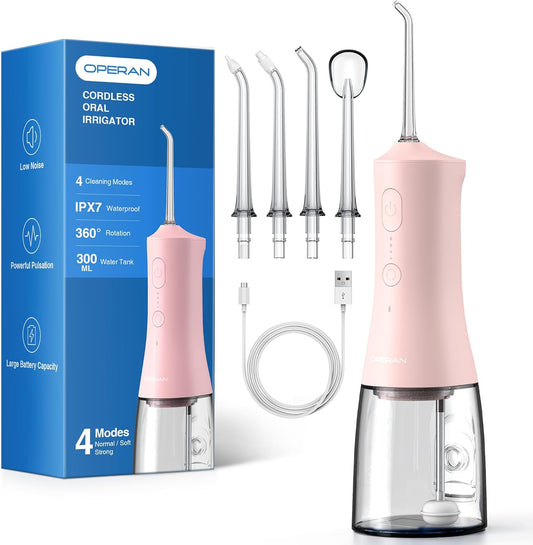 Operan Cordless Water Flossers for Teeth, 300ML Rechargeable Oral Irrigator with 4 Modes & 4 Nozzles, Portable Water Flossers for Adults, IPX7 Waterproof for Home and Travel, Pink，01Pack