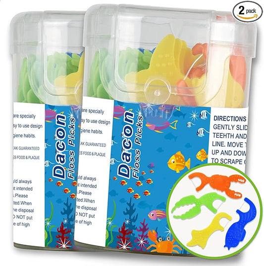 Kids Flossers, Kids Dental Floss Picks Without Fluoride, Unflavored, 4 Colors Ocean Animals Shaped Makes Flossing Fun, 50 Count (Pack of 2)