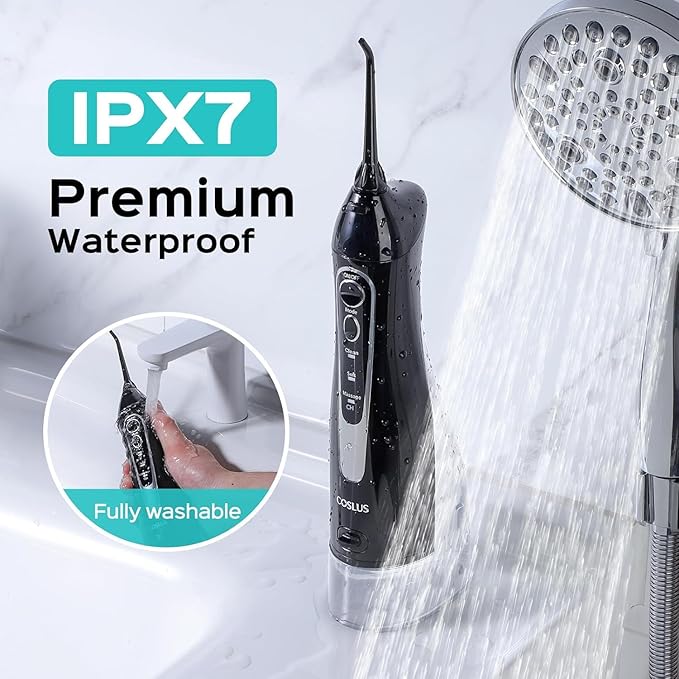 COSLUS Water Flosser Dental Pick: 300ML Oral Irrigator for Teeth Cleaning, Orthodontic, Braces & Sensitive Gums, Cordless Portable for Travel, IPX7 Waterproof, for Adults Teens Family Use, with 4 Tips