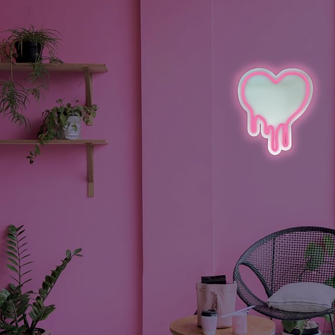 Pink Heart LED Light with Melting Design, Mirror Neon Sign for Bedroom Wall Decor, Light Pink Heart Wall Mirror, 12”x11” Neon Sign for Girls Room