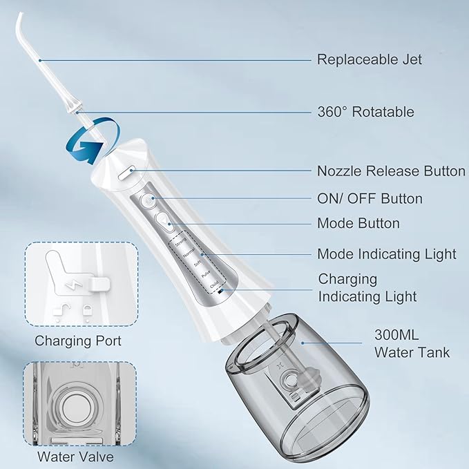 300mL Water Flosser Cordless - Rechargeable Travel Water Flossers for Teeth Cleaning with 5 Pressure Settings, 4 Tips, IPX7 Waterproof for Teeth Cleaning
