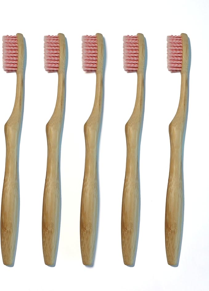 Bamboo Toothbrushes for Adults, BPA Free Bristles, Medium Soft, 5 PCS Bamboo Toothbrush for Dental Hygiene, Gum Care, Compostable, Eco Friendly, Compostable and Sustainable (Pink)