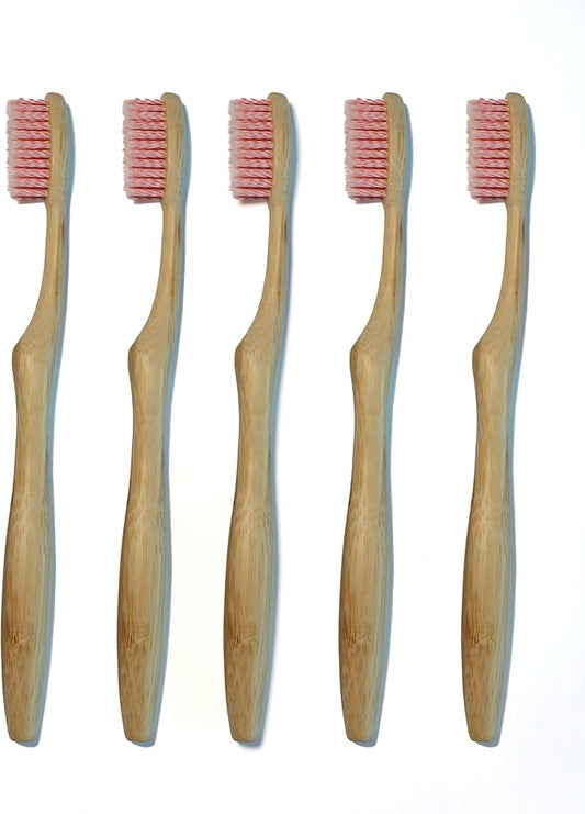 Bamboo Toothbrushes for Adults, BPA Free Bristles, Medium Soft, 5 PCS Bamboo Toothbrush for Dental Hygiene, Gum Care, Compostable, Eco Friendly, Compostable and Sustainable (Pink)