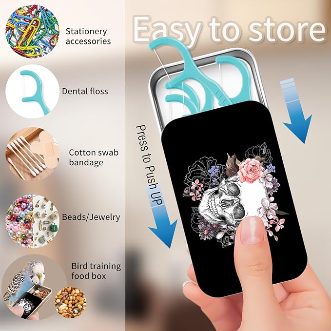 Portable Dental Floss Case, Refillable Cute Travel Floss Dispenser for Men & Women, Pocket Travel Floss Picks Case for Purse, Backpack, Bag Floral Skull Art