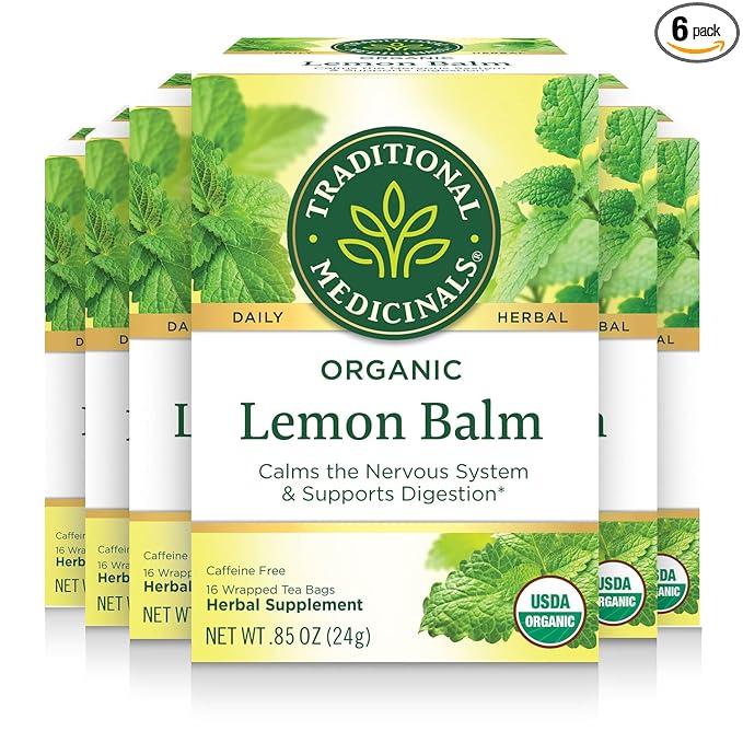 Traditional Medicinals - Organic Lemon Balm Herbal Tea (6 Pack) - Stress Relief & Supports Digestion - 96 Tea Bags Total