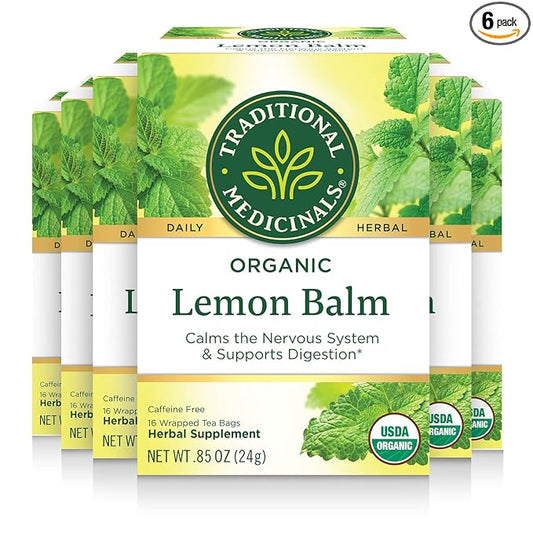 Traditional Medicinals - Organic Lemon Balm Herbal Tea (6 Pack) - Stress Relief & Supports Digestion - 96 Tea Bags Total