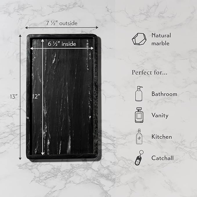 Cork & Mill Black Marble Tray for Bathroom Countertop, Kitchen Counter, or Catchall - 13" x 7½" Large Vanity Tray for Skincare or Perfume - Handcrafted Natural Marble Stone Organizer
