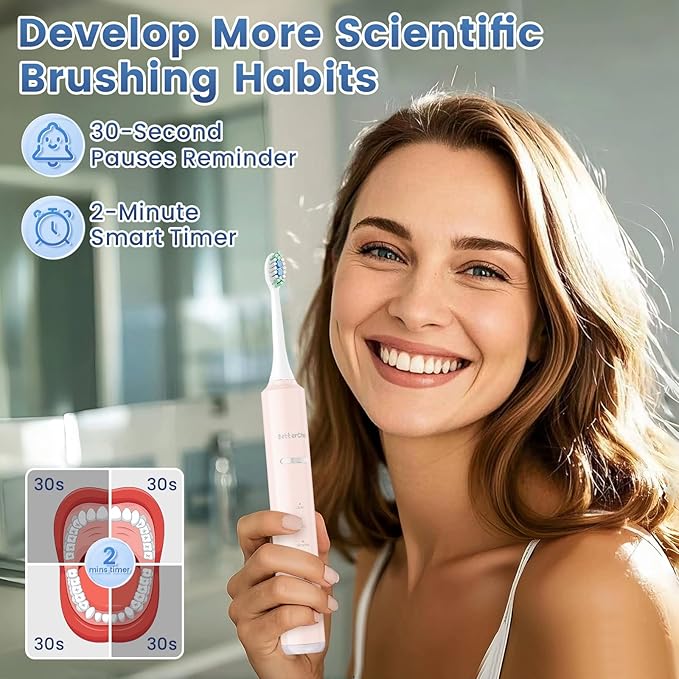 Betterchoi Sonic Electric Toothbrush for Adults, USB Rechargeable Toothbrush - 41,000 VPM Maglev Motor - 4 Brush Heads - IPX7 Waterproof, 180-Day Battery Life, 5 Cleaning Modes & Smart Timer, Pink