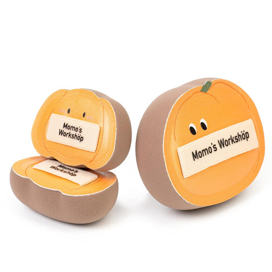 Momo's Workshop Pumpkin Makeup Sponge Set (3pcs) - Large & Small Cushion Puffs for Halloween Themed,Rubycell Material for Flawless Foundation Application, Travel-Friendly & Storage Case