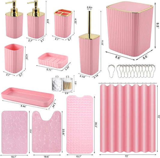 26PC Bathroom Accessories Set - Gorgeous Pink Bathroom Set, Bathroom Accessory Set, Pink Shower Curtain Set with Bathtub Mats for Shower Tub