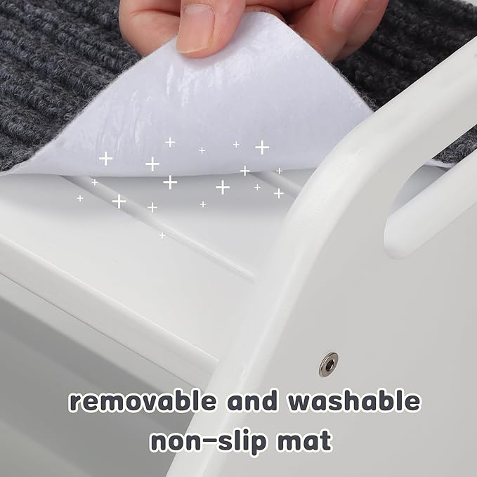 AMBIRD Wooden Step Stool with Washable and Removable Mats, Toddler Step Stools 300 lbs Capacity with Non-Slip Pads and Handles, Kid Step Stool for Kitchen, Bathroom, Bedroom (White with Gray Mats)