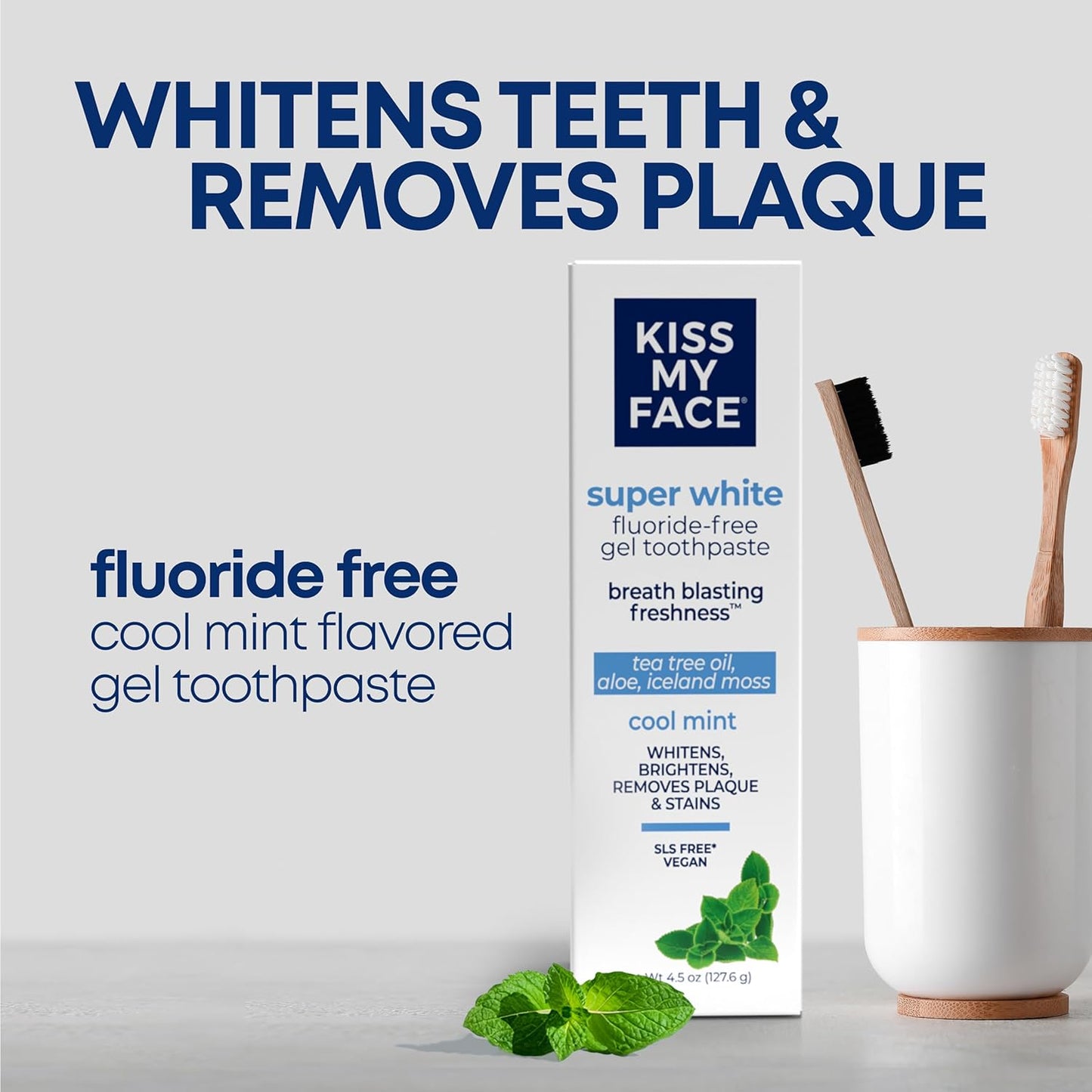 Kiss My Face Super White Toothpaste Gel, Cool Mint Flavor, Removes Plaque and Stains, Teeth Whitening Toothpaste, Fluoride Free, Vegan, 4.5 oz, 6 Pack