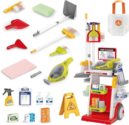 RedCrab Kids Cleaning Toy Set, 23PCS Toddler Cleaning Set with Cart,Vacuum Cleaner,Broom,Pretend Play Educational Housekeeping Set for Kids 3,4,5,6,7,8+ Girls Boys Gifts (Red)
