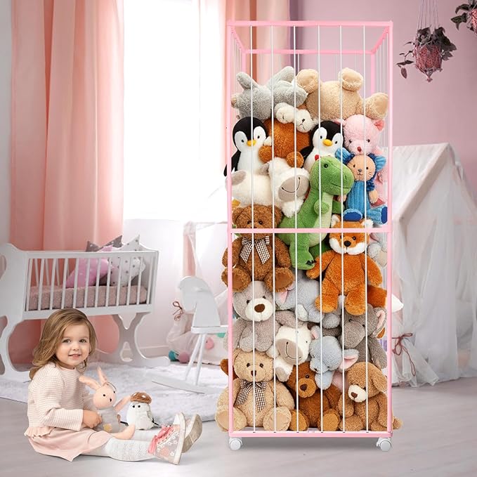 Stuffed Animal Storage, Metal Tube Extra Large Toy Storage Organizer with Brake Wheels, Stuffed Animal Holder Zoo Organizer for Nursery Playroom Kids Room Pink(61” x 23.6”x 16.5”)
