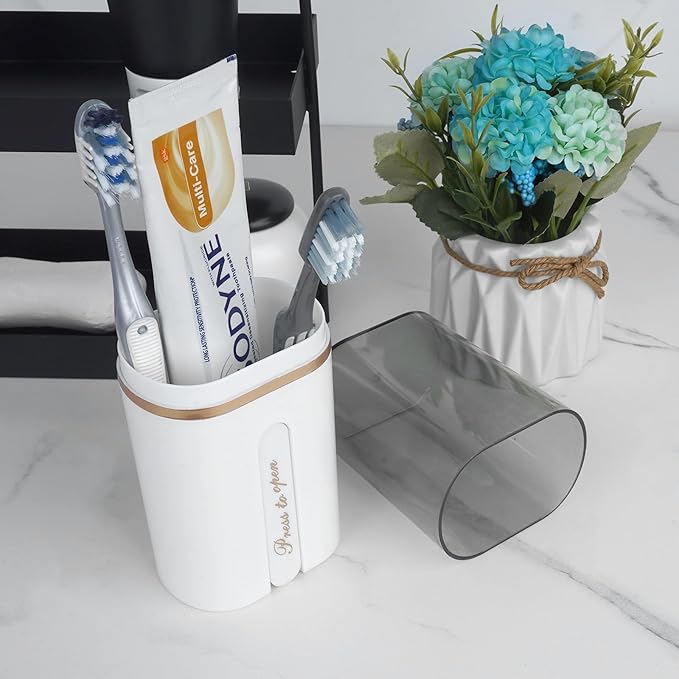 Toothbrush Travel Case, Portable Toothbrush Toothpaste Container with Mouthwash Cup, Wall Mounted Toobrushbrush Holder for Bathroom, Camping, Gym (White)