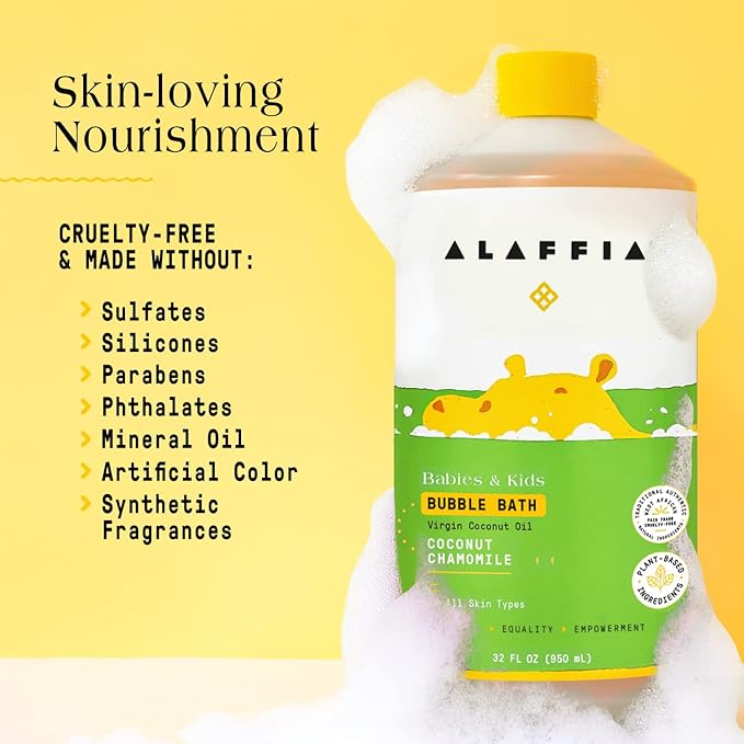 Alaffia Babies and Kids Bubble Bath, Gentle Baby Essentials for Delicate Skin, Cleansing & Calming Bubbles, Plant Based Formula, Vegan, Coconut Chamomile (2 Pack - 32 Fl Oz)